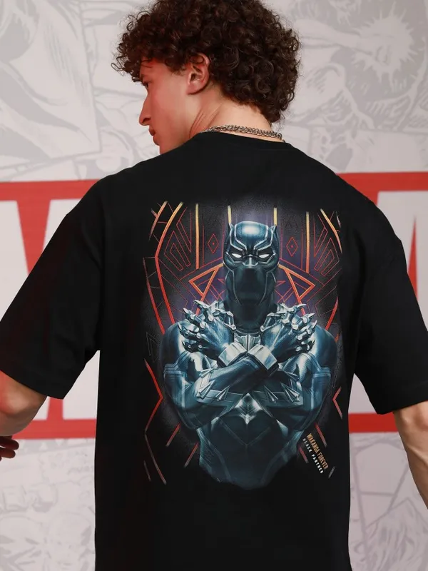Marvel By Highlander Men Black Black Panther Printed Round Neck Oversized Fit T-Shirt
