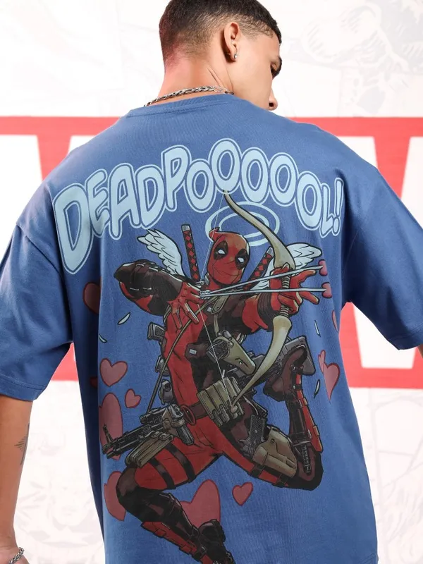 Marvel By Highlander Men Blue Deadpool Printed Round Neck Oversized Fit T-Shirt