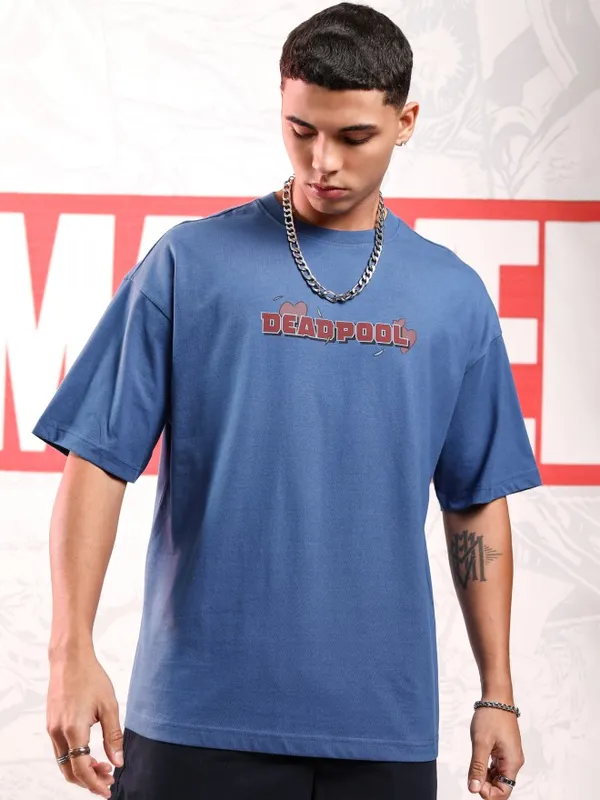 Marvel By Highlander Men Blue Deadpool Printed Round Neck Oversized Fit T-Shirt
