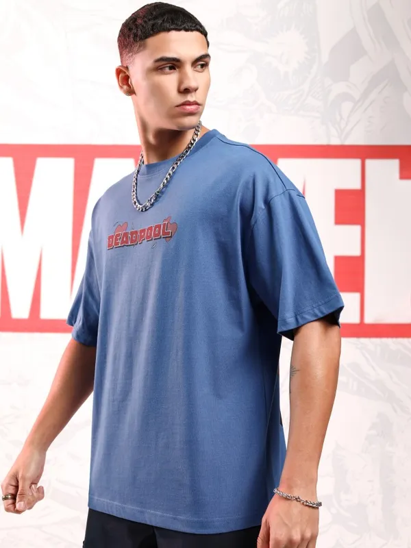 Marvel By Highlander Men Blue Deadpool Printed Round Neck Oversized Fit T-Shirt
