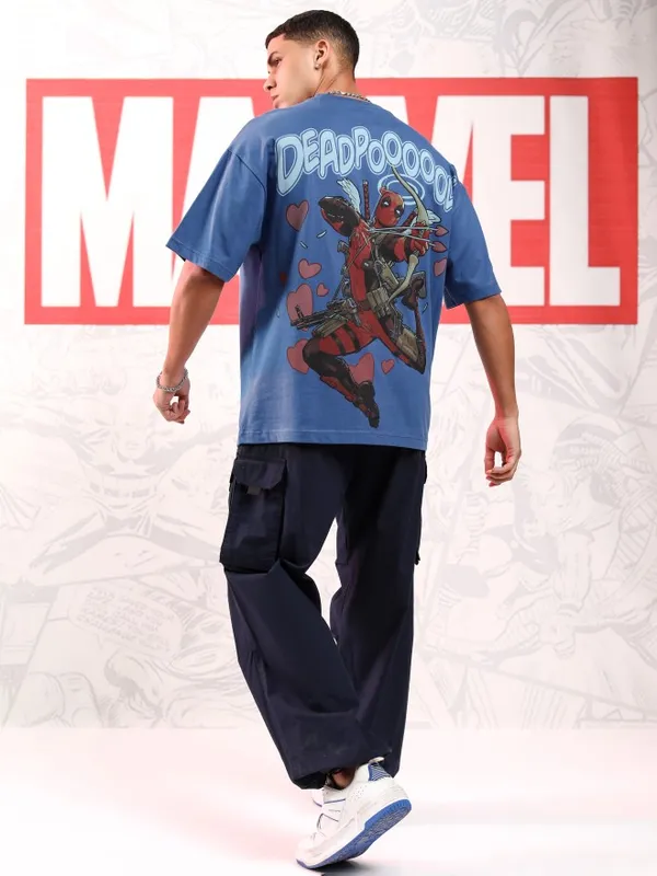 Marvel By Highlander Men Blue Deadpool Printed Round Neck Oversized Fit T-Shirt