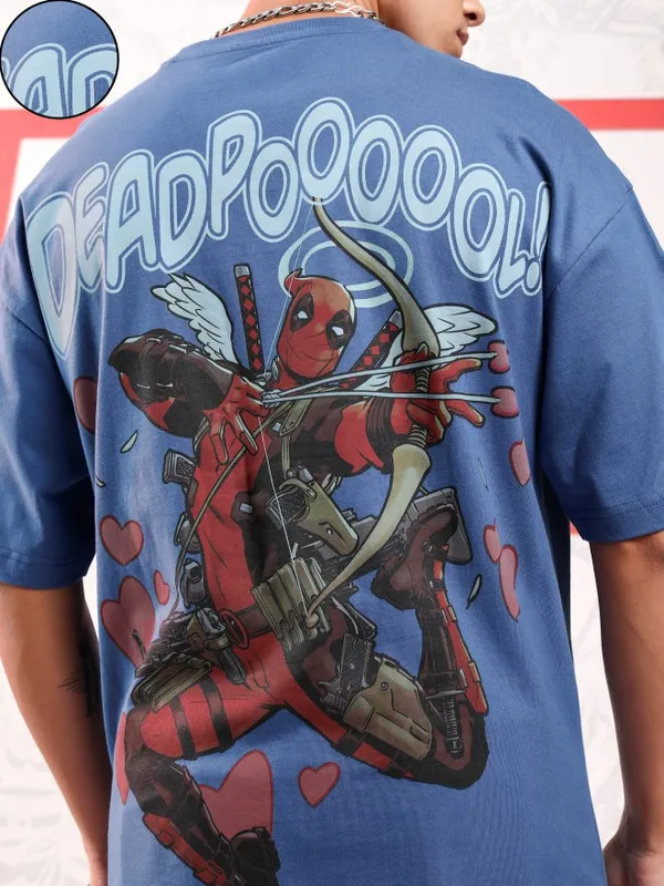 Marvel By Highlander Men Blue Deadpool Printed Round Neck Oversized Fit T-Shirt