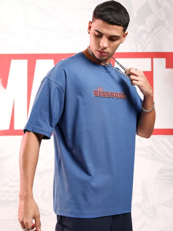Marvel By Highlander Men Blue Deadpool Printed Round Neck Oversized Fit T-Shirt