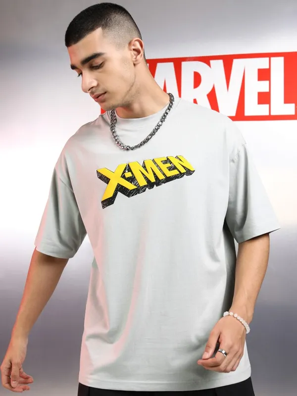 Marvel By Highlander Men Grey X-Men Printed Round Neck Oversized Fit T-Shirt