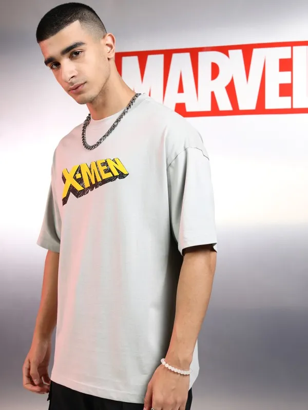 Marvel By Highlander Men Grey X-Men Printed Round Neck Oversized Fit T-Shirt