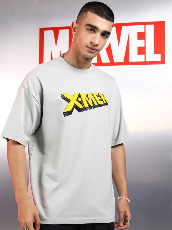 Marvel By Highlander Men Grey X-Men Printed Round Neck Oversized Fit T-Shirt