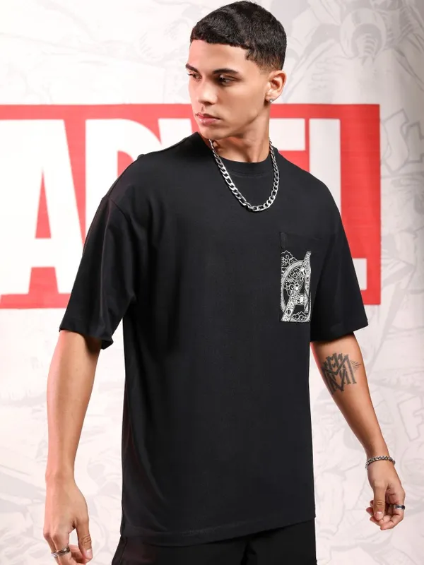 Marvel By Highlander Men Black Avengers Printed Round Neck Oversized Fit T-Shirt
