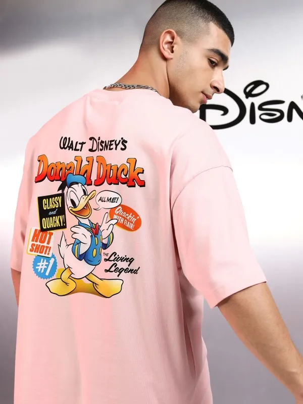 Disney By Highlander Men Pink Donald Duck Printed Round Neck Oversized Fit T-Shirt