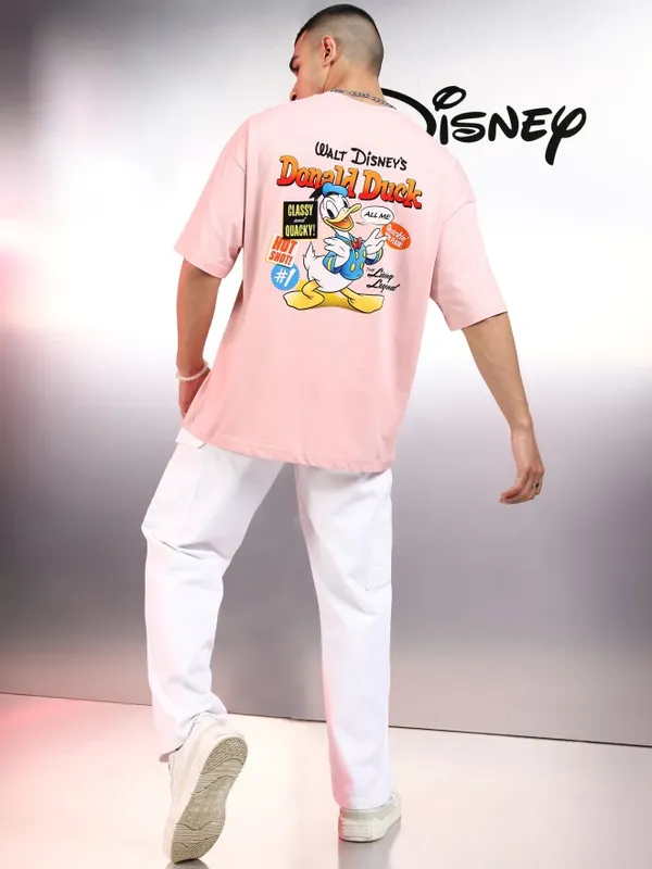 Disney By Highlander Men Pink Donald Duck Printed Round Neck Oversized Fit T-Shirt