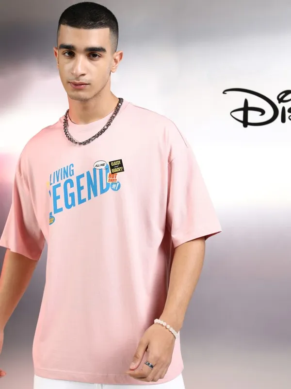 Disney By Highlander Men Pink Donald Duck Printed Round Neck Oversized Fit T-Shirt