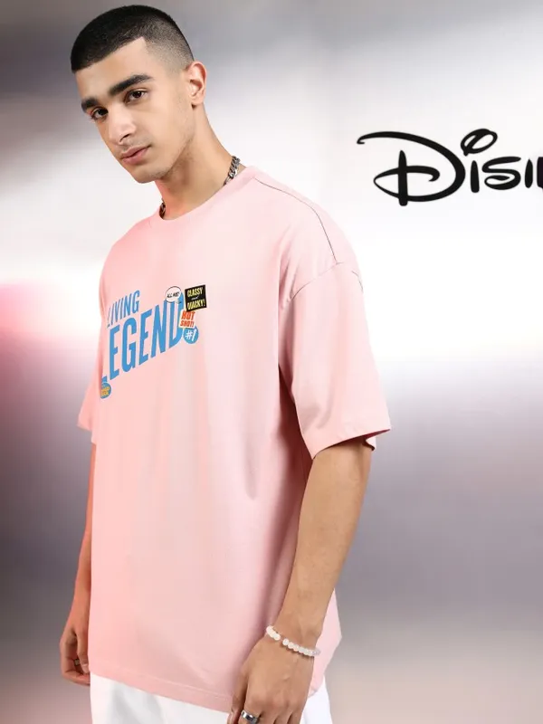 Disney By Highlander Men Pink Donald Duck Printed Round Neck Oversized Fit T-Shirt