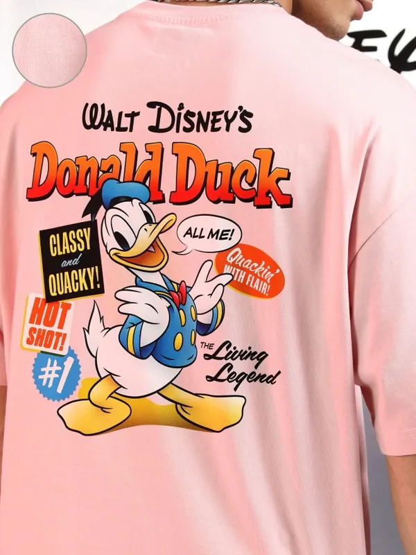 Disney By Highlander Men Pink Donald Duck Printed Round Neck Oversized Fit T-Shirt