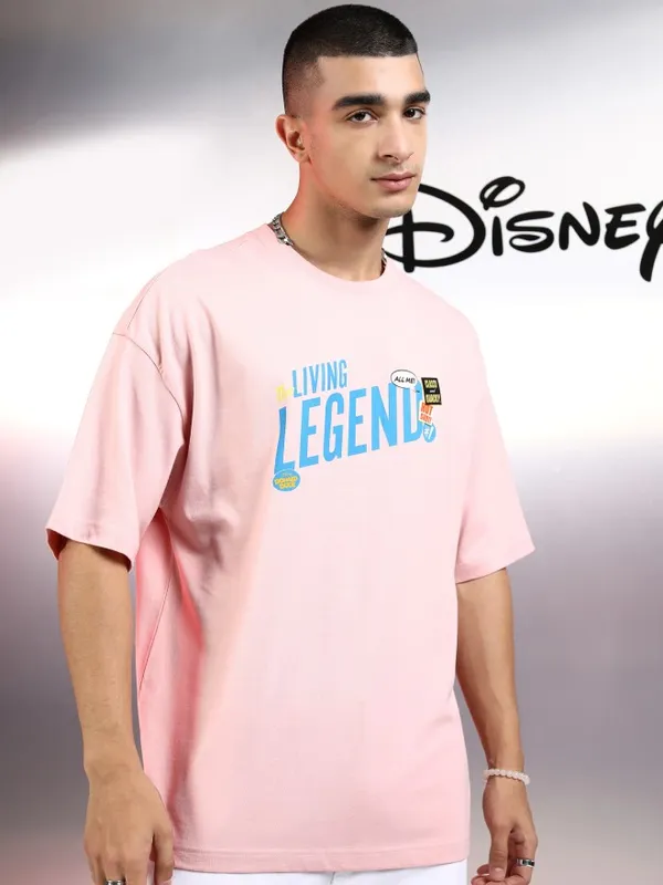 Disney By Highlander Men Pink Donald Duck Printed Round Neck Oversized Fit T-Shirt