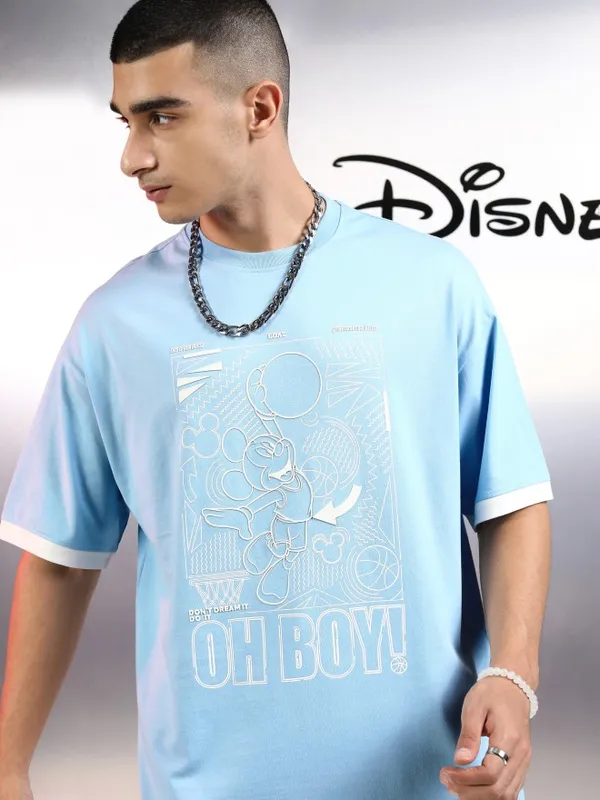 Disney By Highlander Men Blue Mickey Mouse Printed Round Neck Oversized Fit T-Shirt