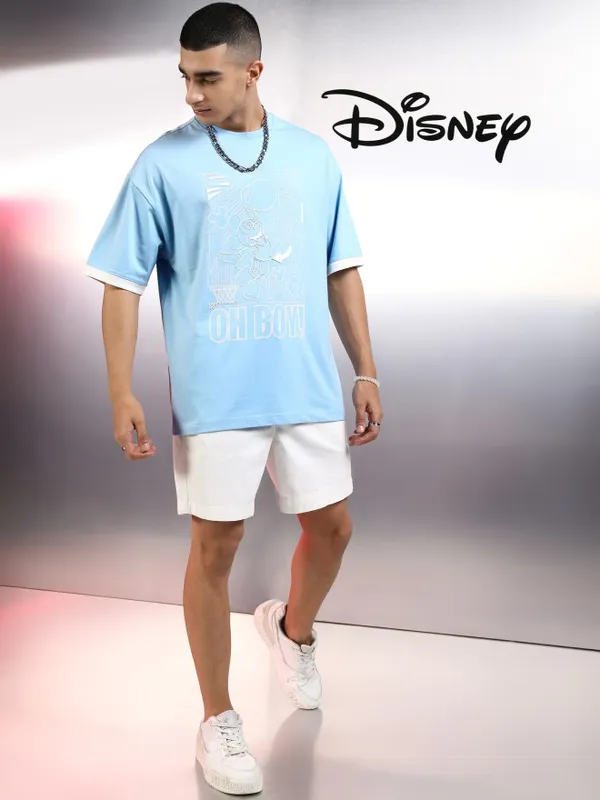 Disney By Highlander Men Blue Mickey Mouse Printed Round Neck Oversized Fit T-Shirt
