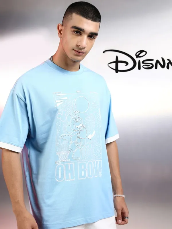 Disney By Highlander Men Blue Mickey Mouse Printed Round Neck Oversized Fit T-Shirt