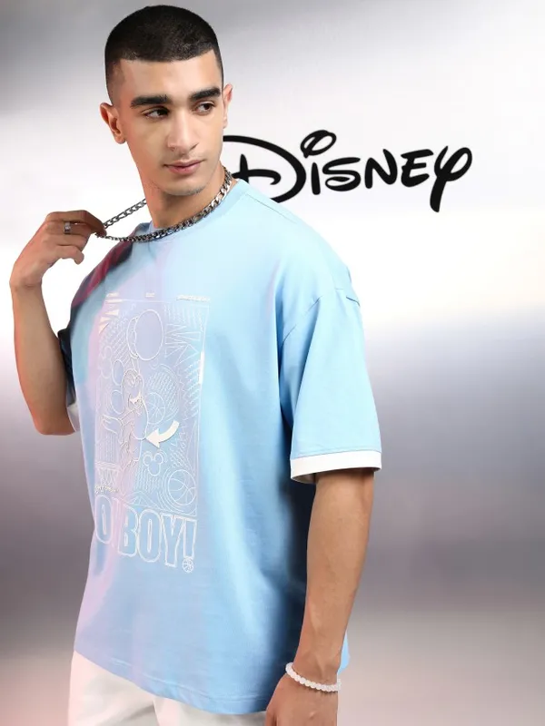 Disney By Highlander Men Blue Mickey Mouse Printed Round Neck Oversized Fit T-Shirt