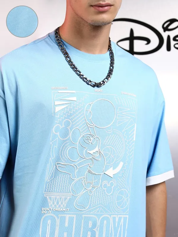 Disney By Highlander Men Blue Mickey Mouse Printed Round Neck Oversized Fit T-Shirt