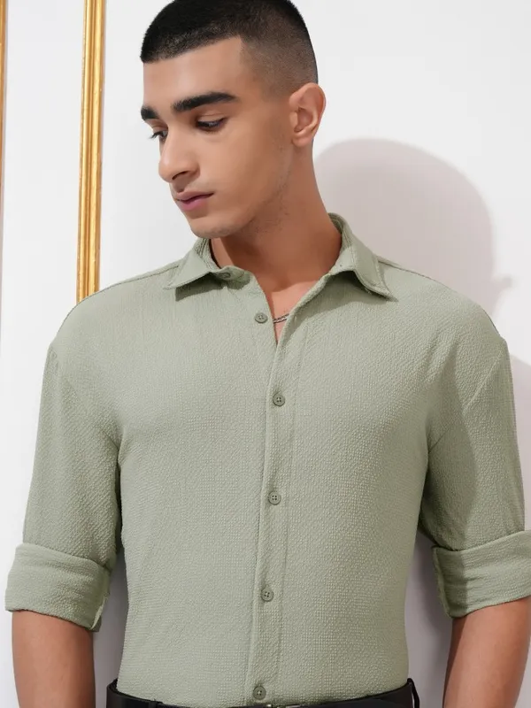 Highlander Men Olive Textured Relaxed Fit Casual Shirt