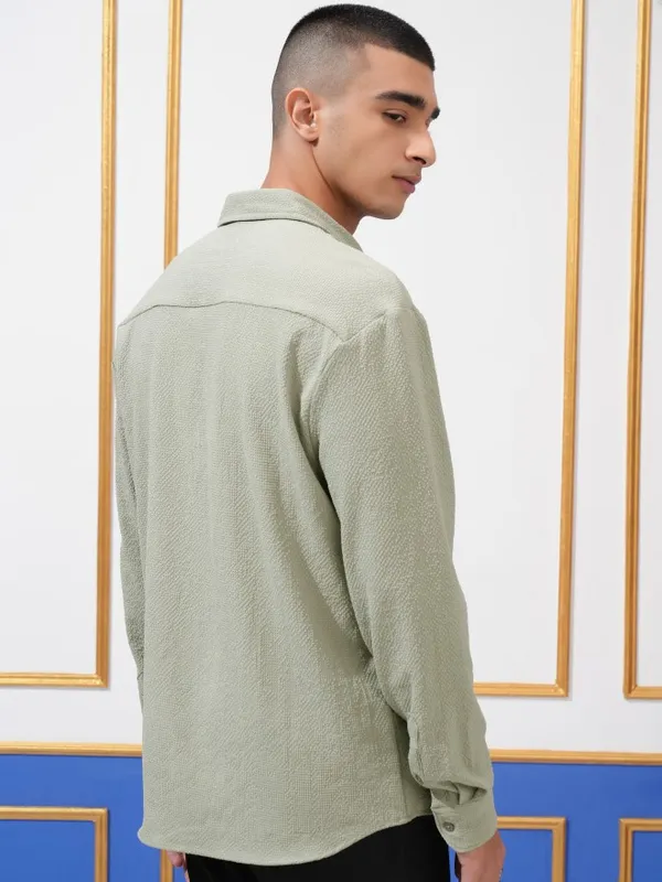 Highlander Men Olive Textured Relaxed Fit Casual Shirt