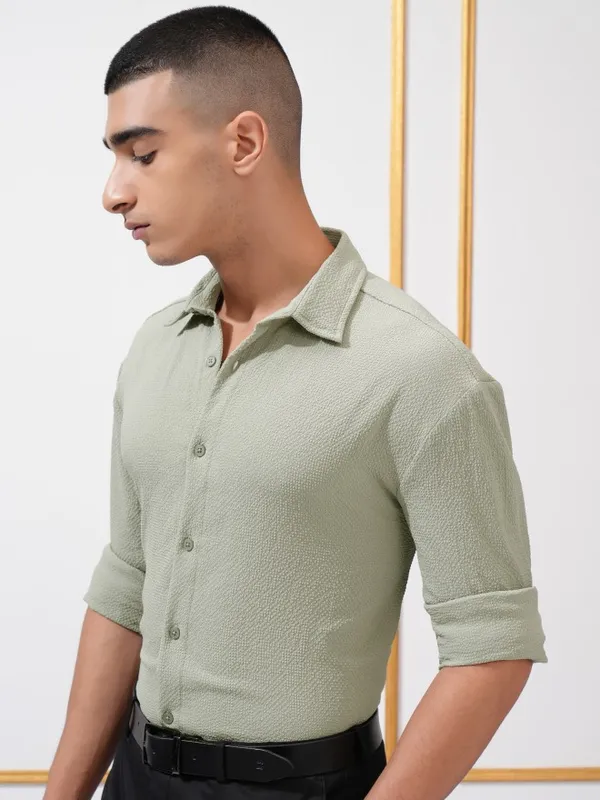 Highlander Men Olive Textured Relaxed Fit Casual Shirt
