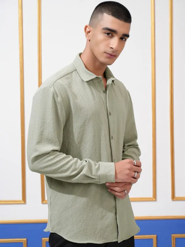 Highlander Men Olive Textured Relaxed Fit Casual Shirt
