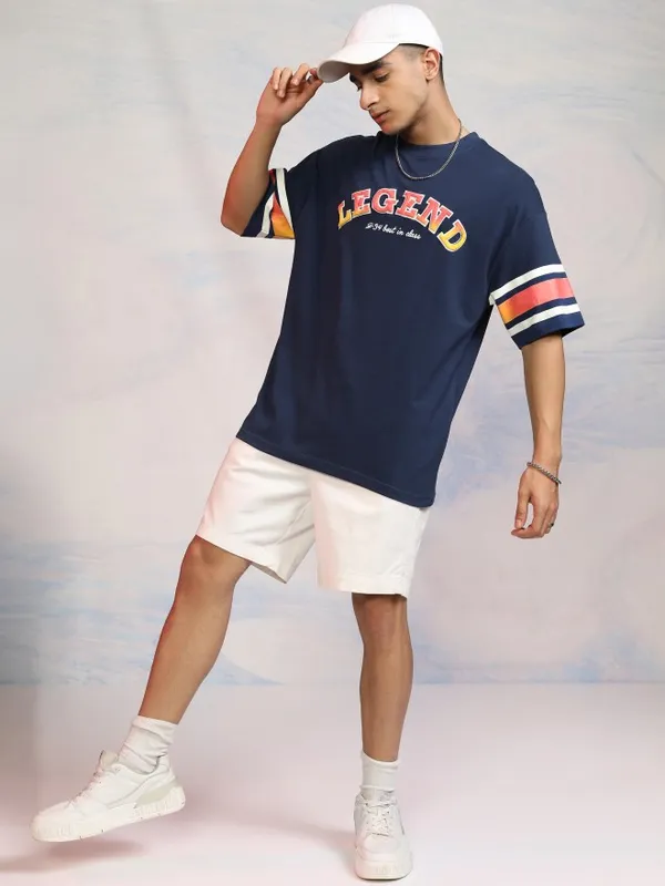 Disney By Highlander Men Navy Blue Donald Duck Printed Round Neck Oversized Fit T-Shirt