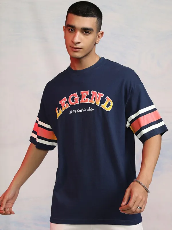 Disney By Highlander Men Navy Blue Donald Duck Printed Round Neck Oversized Fit T-Shirt