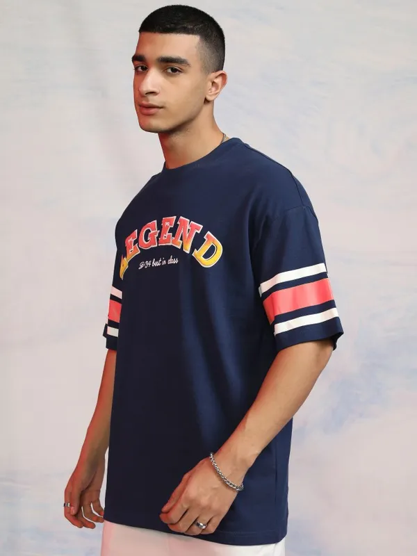 Disney By Highlander Men Navy Blue Donald Duck Printed Round Neck Oversized Fit T-Shirt