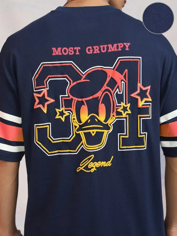 Disney By Highlander Men Navy Blue Donald Duck Printed Round Neck Oversized Fit T-Shirt