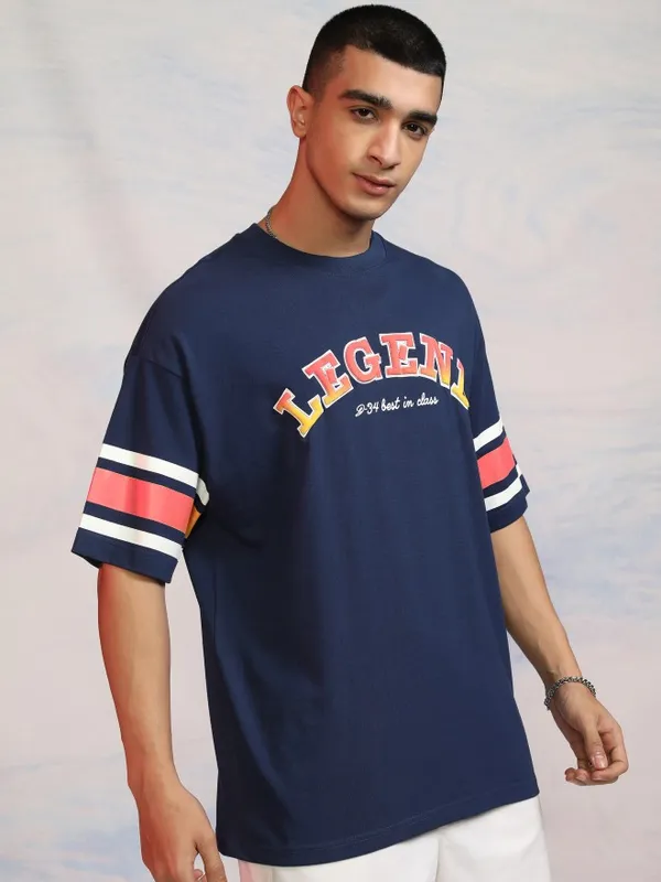 Disney By Highlander Men Navy Blue Donald Duck Printed Round Neck Oversized Fit T-Shirt