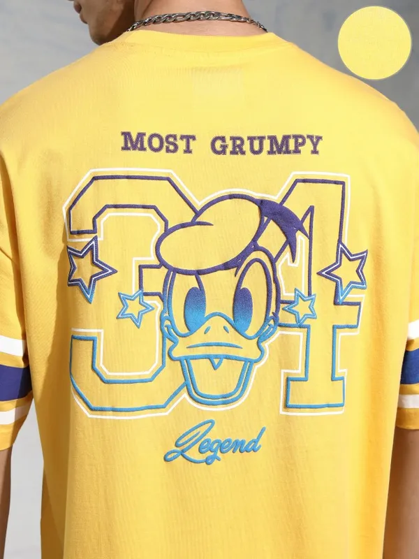 Disney By Highlander Men Yellow Donald Duck Printed Round Neck Oversized Fit T-Shirt