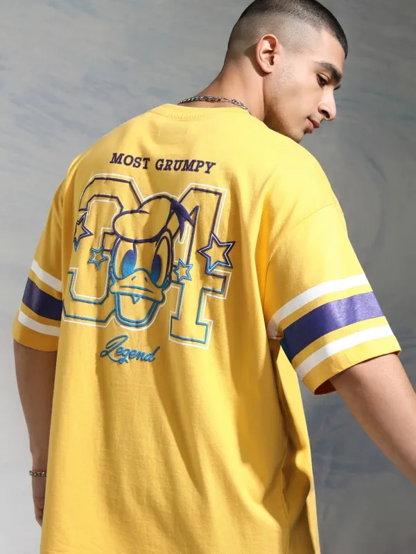 Disney By Highlander Men Yellow Donald Duck Printed Round Neck Oversized Fit T-Shirt