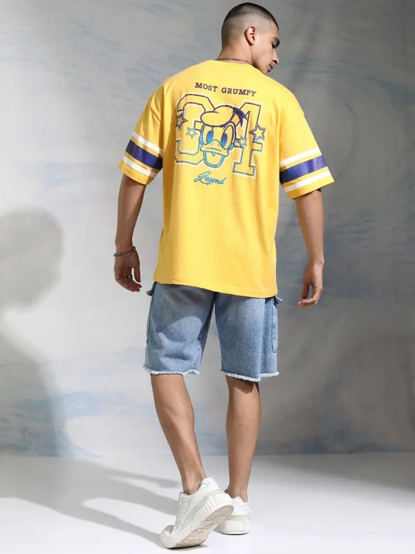Disney By Highlander Men Yellow Donald Duck Printed Round Neck Oversized Fit T-Shirt