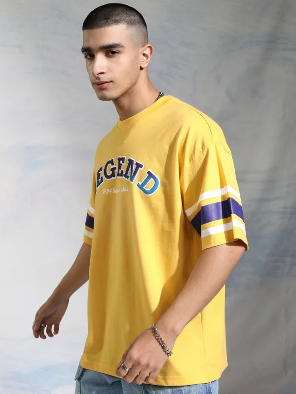 Disney By Highlander Men Yellow Donald Duck Printed Round Neck Oversized Fit T-Shirt