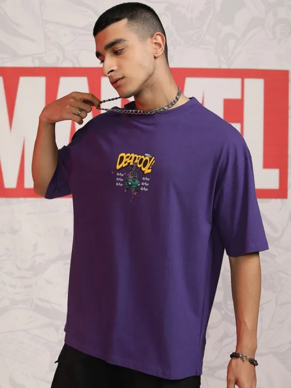 Marvel By Highlander Men Purple Deadpool Printed Round Neck Oversized Fit T-Shirt