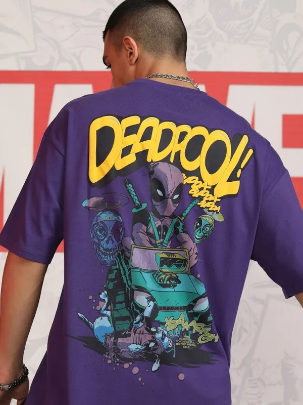 Marvel By Highlander Men Purple Deadpool Printed Round Neck Oversized Fit T-Shirt