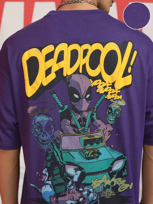 Marvel By Highlander Men Purple Deadpool Printed Round Neck Oversized Fit T-Shirt