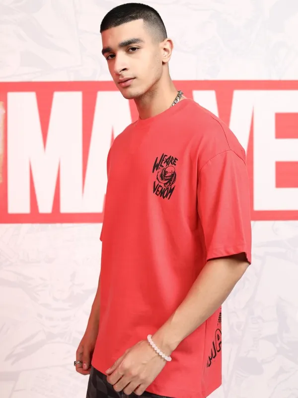 Marvel By Highlander Men Red Venom Printed Round Neck Oversized Fit T-Shirt
