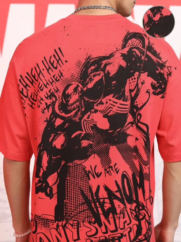 Marvel By Highlander Men Red Venom Printed Round Neck Oversized Fit T-Shirt