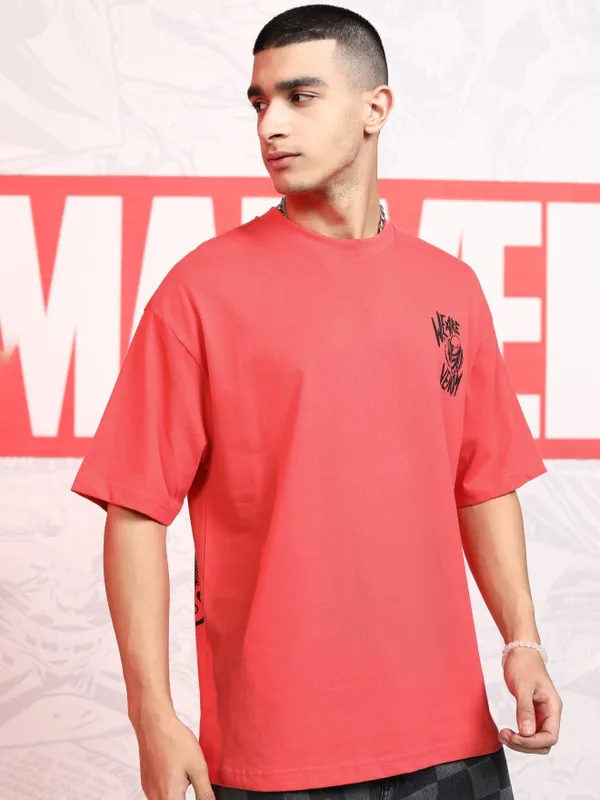 Marvel By Highlander Men Red Venom Printed Round Neck Oversized Fit T-Shirt