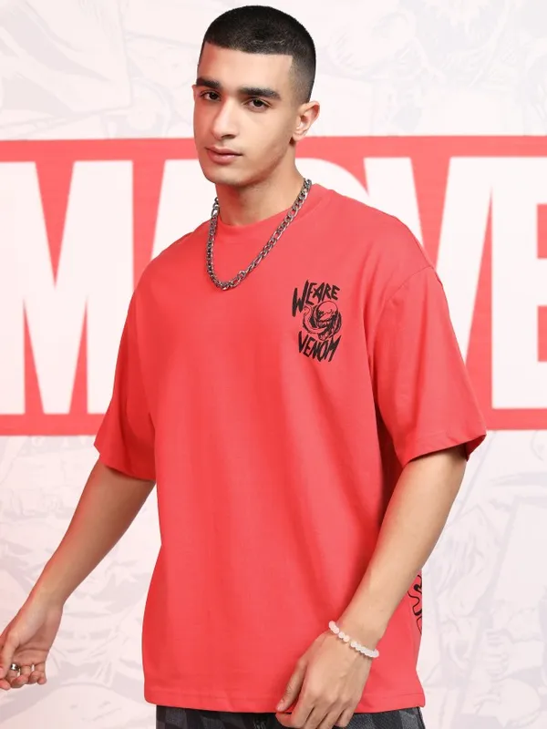 Marvel By Highlander Men Red Venom Printed Round Neck Oversized Fit T-Shirt