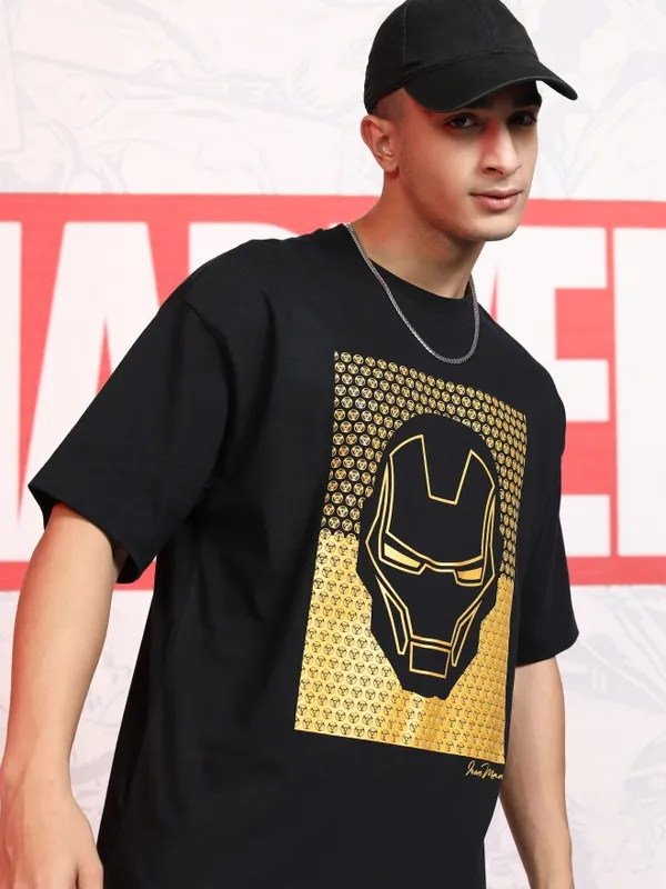 Marvel By Highlander Men Black Iron Man Printed Round Neck Oversized Fit T-Shirt