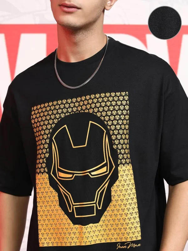Marvel By Highlander Men Black Iron Man Printed Round Neck Oversized Fit T-Shirt
