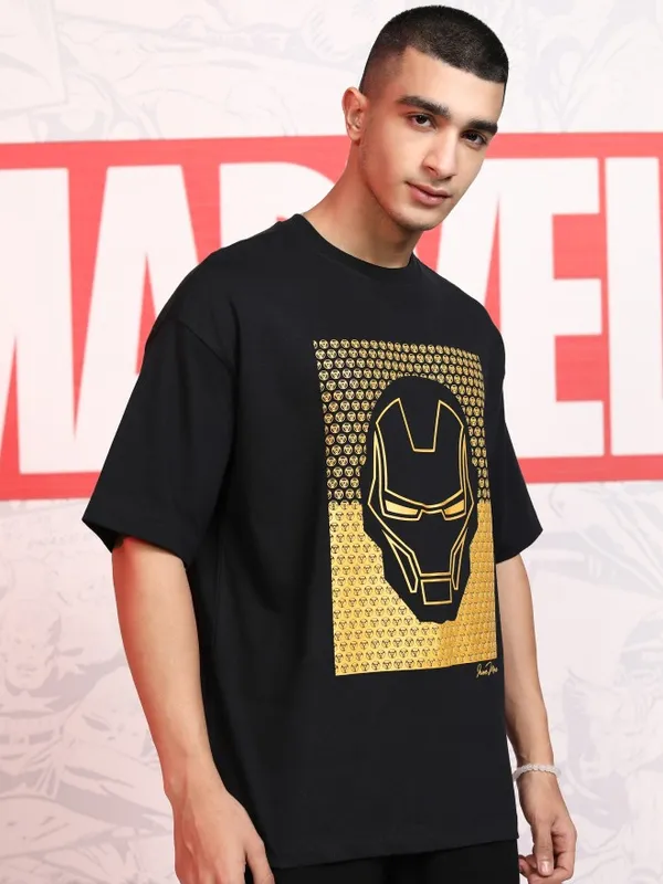 Marvel By Highlander Men Black Iron Man Printed Round Neck Oversized Fit T-Shirt