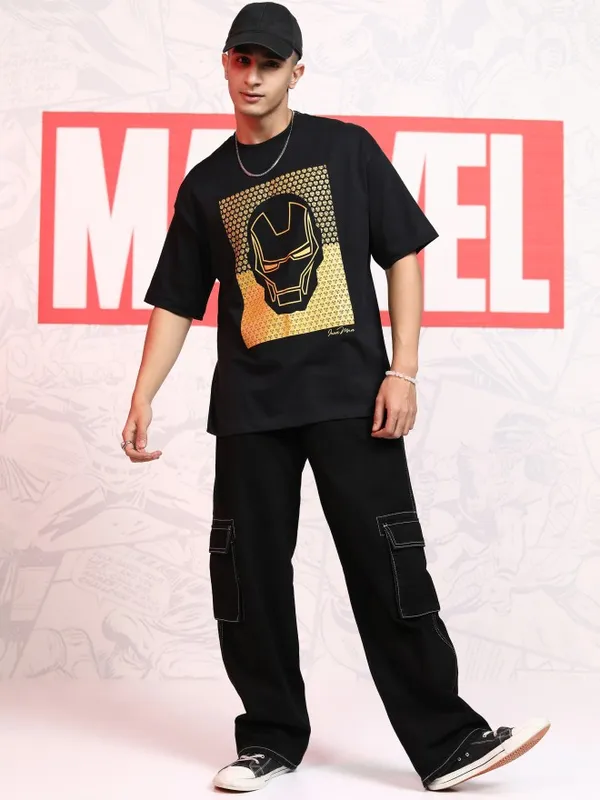 Marvel By Highlander Men Black Iron Man Printed Round Neck Oversized Fit T-Shirt
