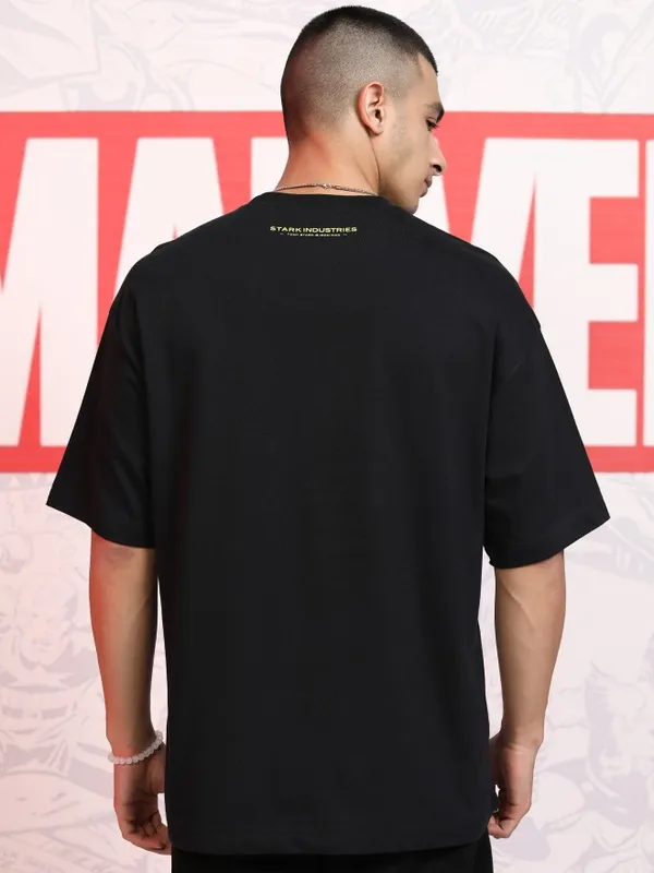 Marvel By Highlander Men Black Iron Man Printed Round Neck Oversized Fit T-Shirt