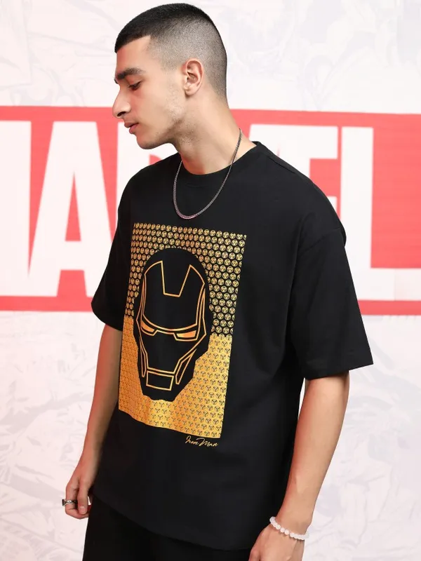 Marvel By Highlander Men Black Iron Man Printed Round Neck Oversized Fit T-Shirt