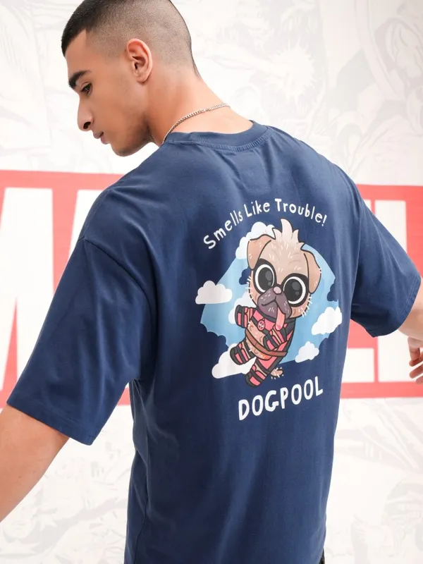 Marvel By Highlander Men Navy Blue Dogpool Printed Round Neck Oversized Fit T-Shirt