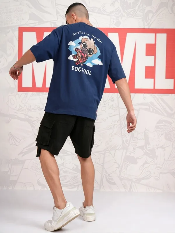 Marvel By Highlander Men Navy Blue Dogpool Printed Round Neck Oversized Fit T-Shirt